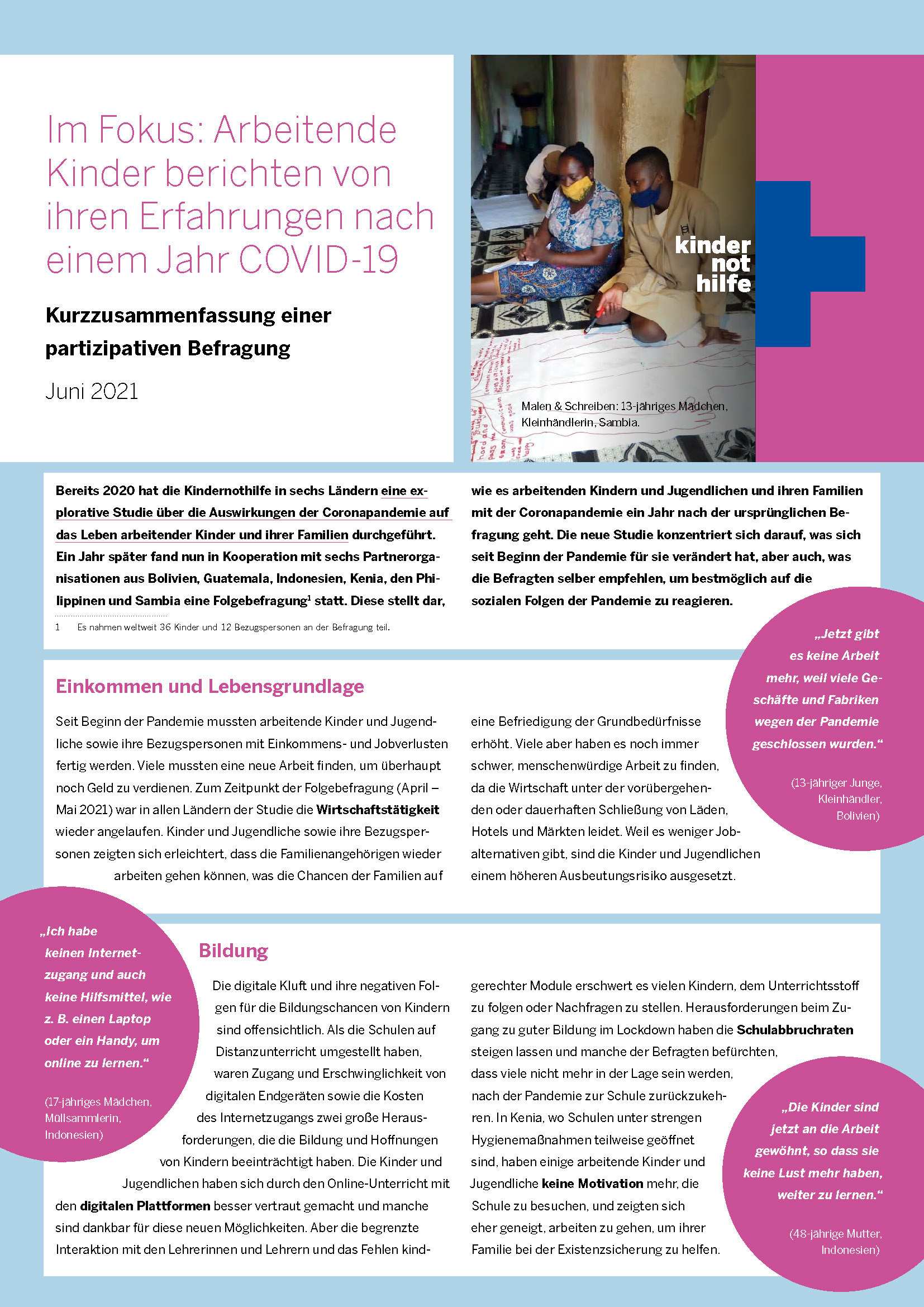 Coverbild Folgebefragung Studie "Auswirkungen der COVID-19-Pandemie auf das Leben von arbeitenden Kindern und Jugendlichen" Coverbild Folgebefragung Studie "Auswirkungen der COVID-19-Pandemie auf das Leben von arbeitenden Kindern und Jugendlichen"